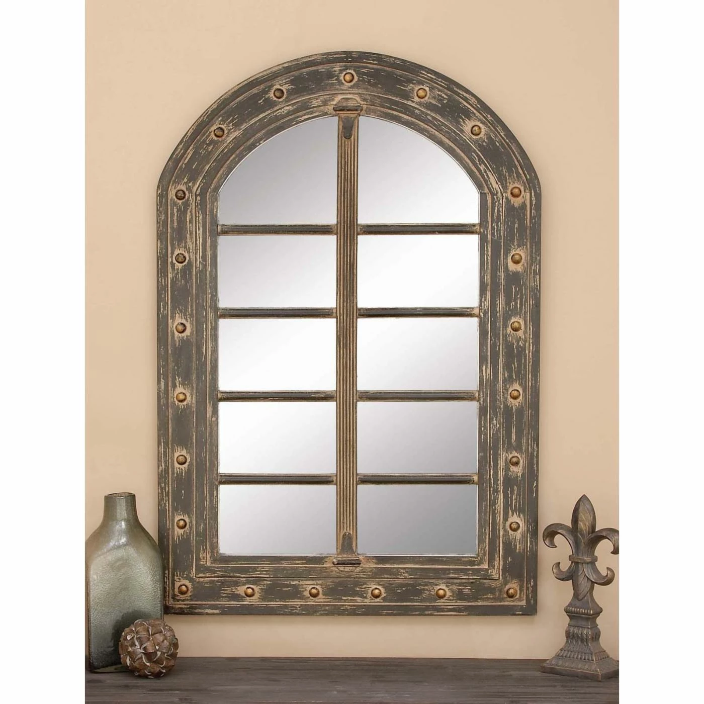 Hot Sale β€οΈ DecMode Rustic Riveted And Beveled Black Wooden Arch Wall Mirror - 32W X 2D X 48H In. β - Image 2