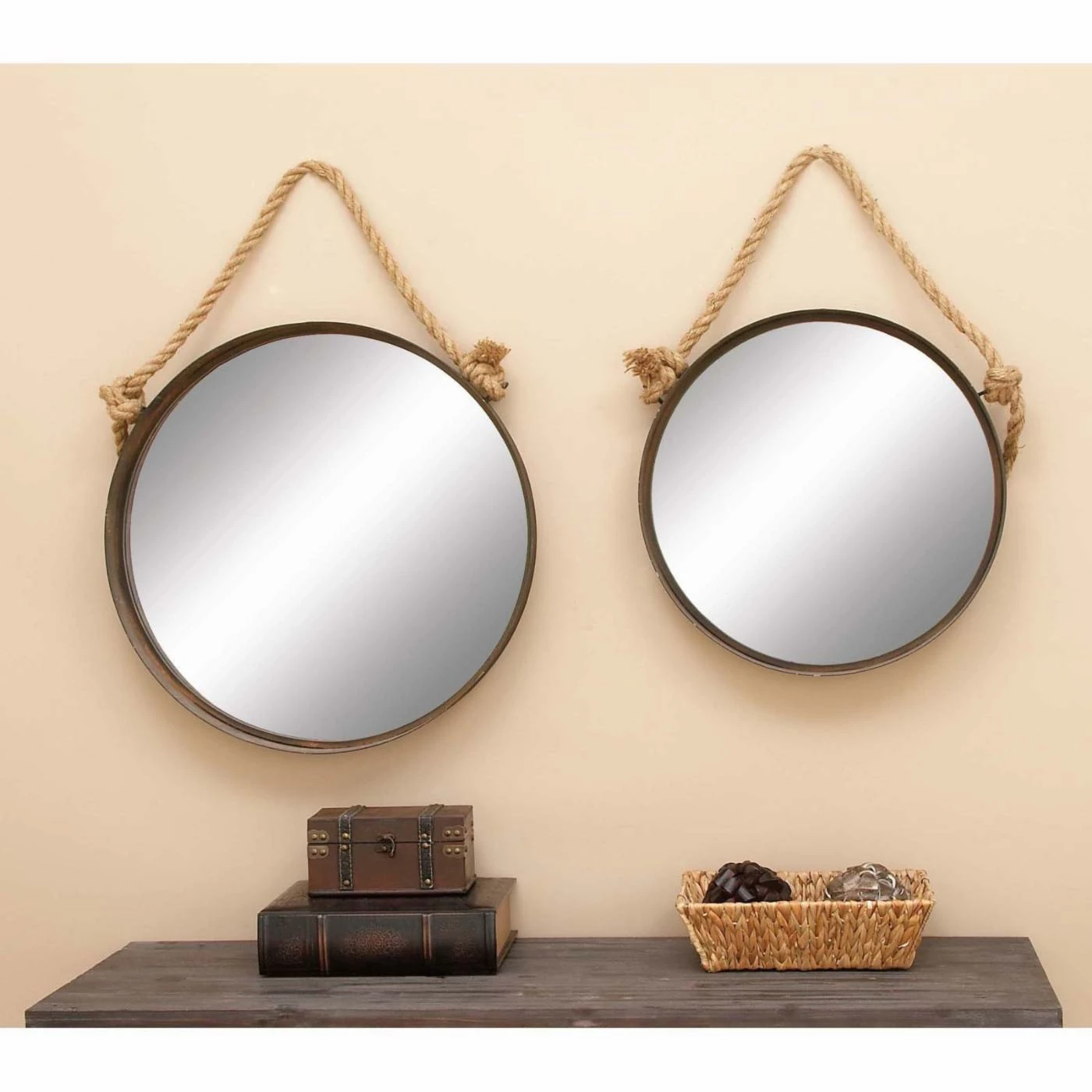 Discount βοΈ Wall DecMode Coastal 24 And 20 Inch Round Brown Metal-Framed Mirrors With Rope Hangers - Set Of 2 π - Image 2