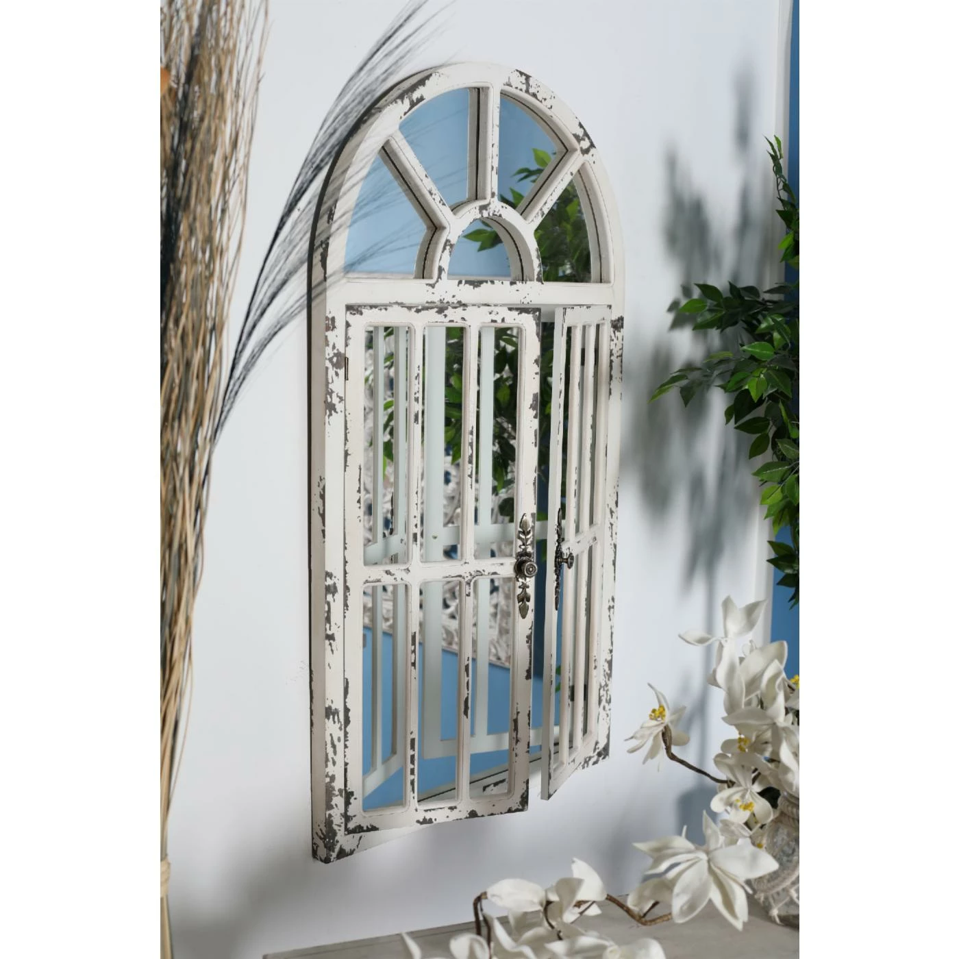 Best Pirce 💯 DecMode Distressed White Wooden Arched Window Wall Mirror - 26W X 46H In. 🔔 - Image 2