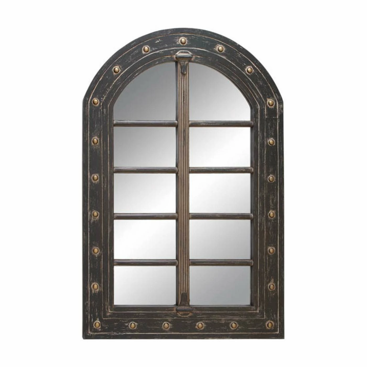 Hot Sale β€οΈ DecMode Rustic Riveted And Beveled Black Wooden Arch Wall Mirror - 32W X 2D X 48H In. β
